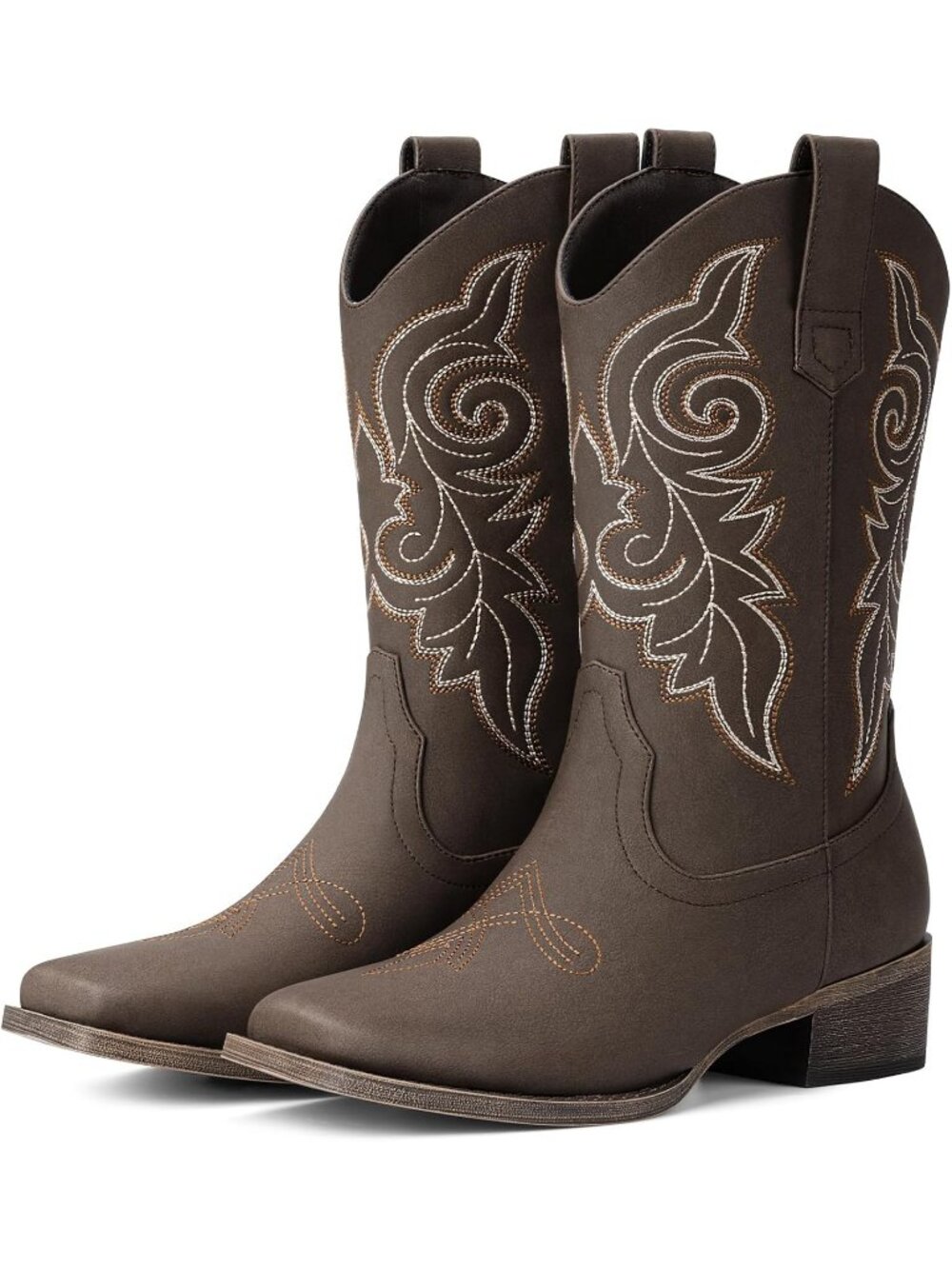 Women's Bronze Square Toe Mid Calf Low Chunky Heel Classic Retro Cowgirl Boots